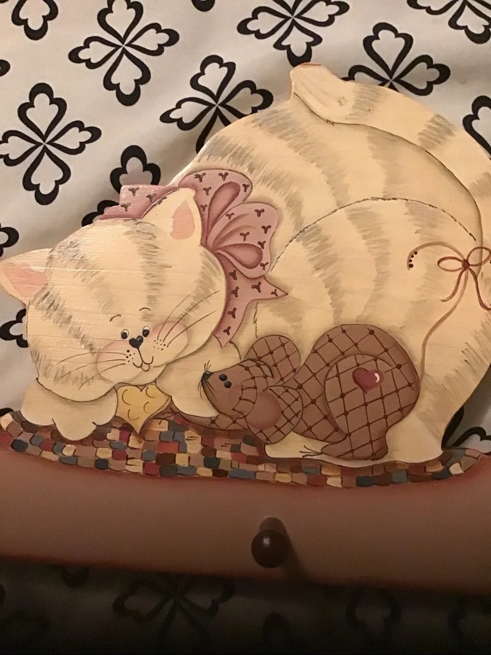Whimsical Cream & Pink Cat Wooden Wall Hook Rack
